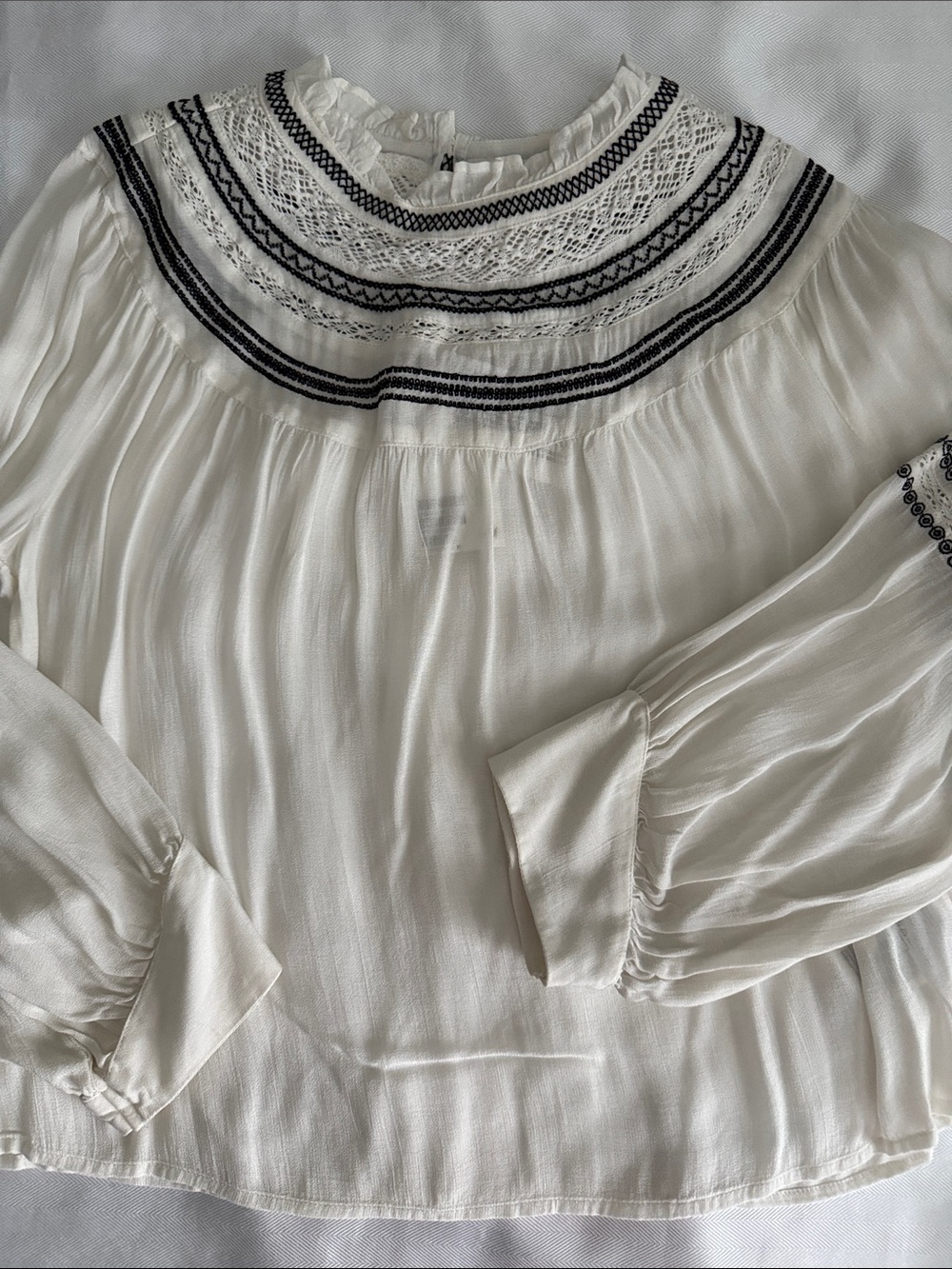 H&M Women's Cream Peasant Blouse with Black Embroidered Yoke